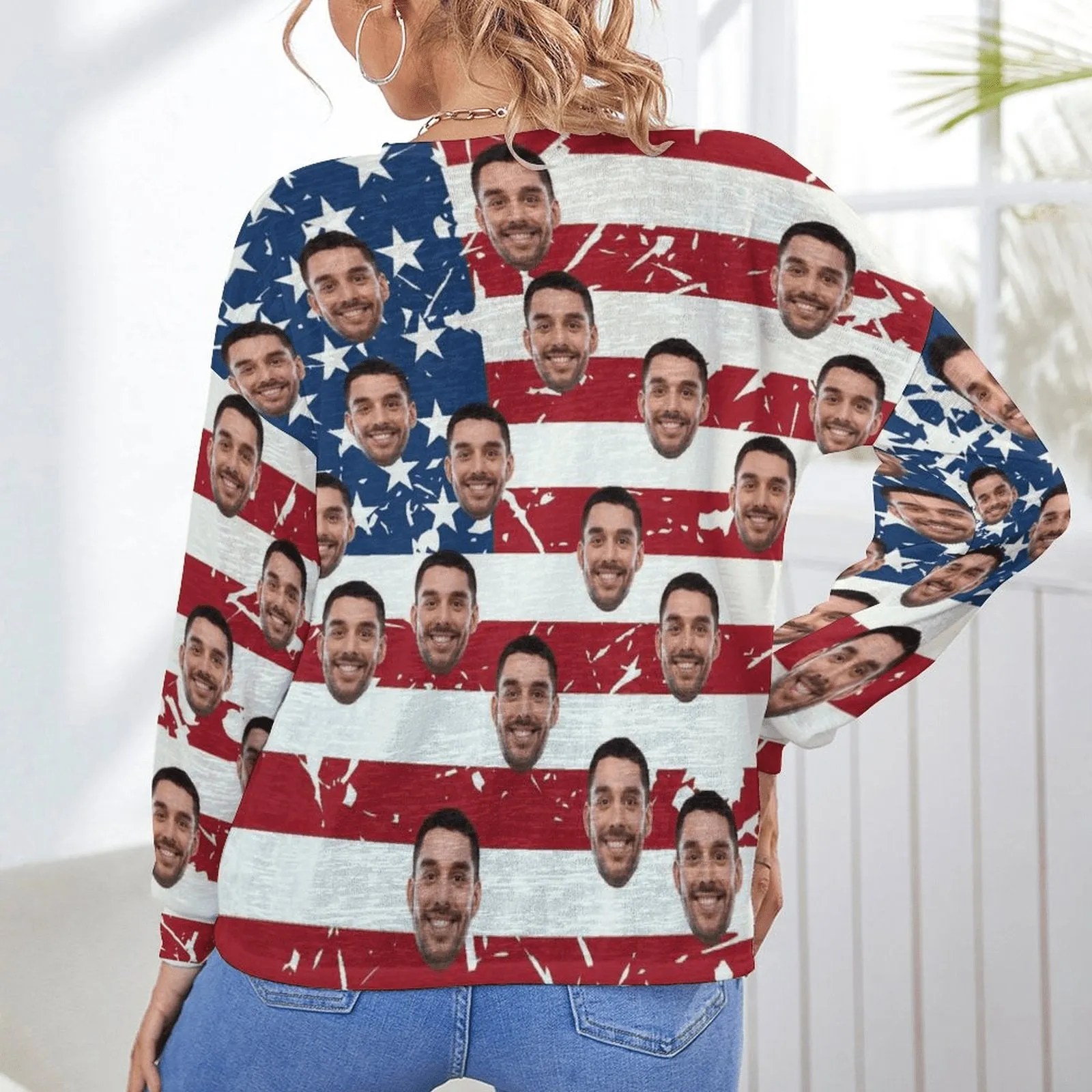 Custom Face Blouse Top Flag Stripes Women's Drop Shoulder Cardigan Loose Outwear