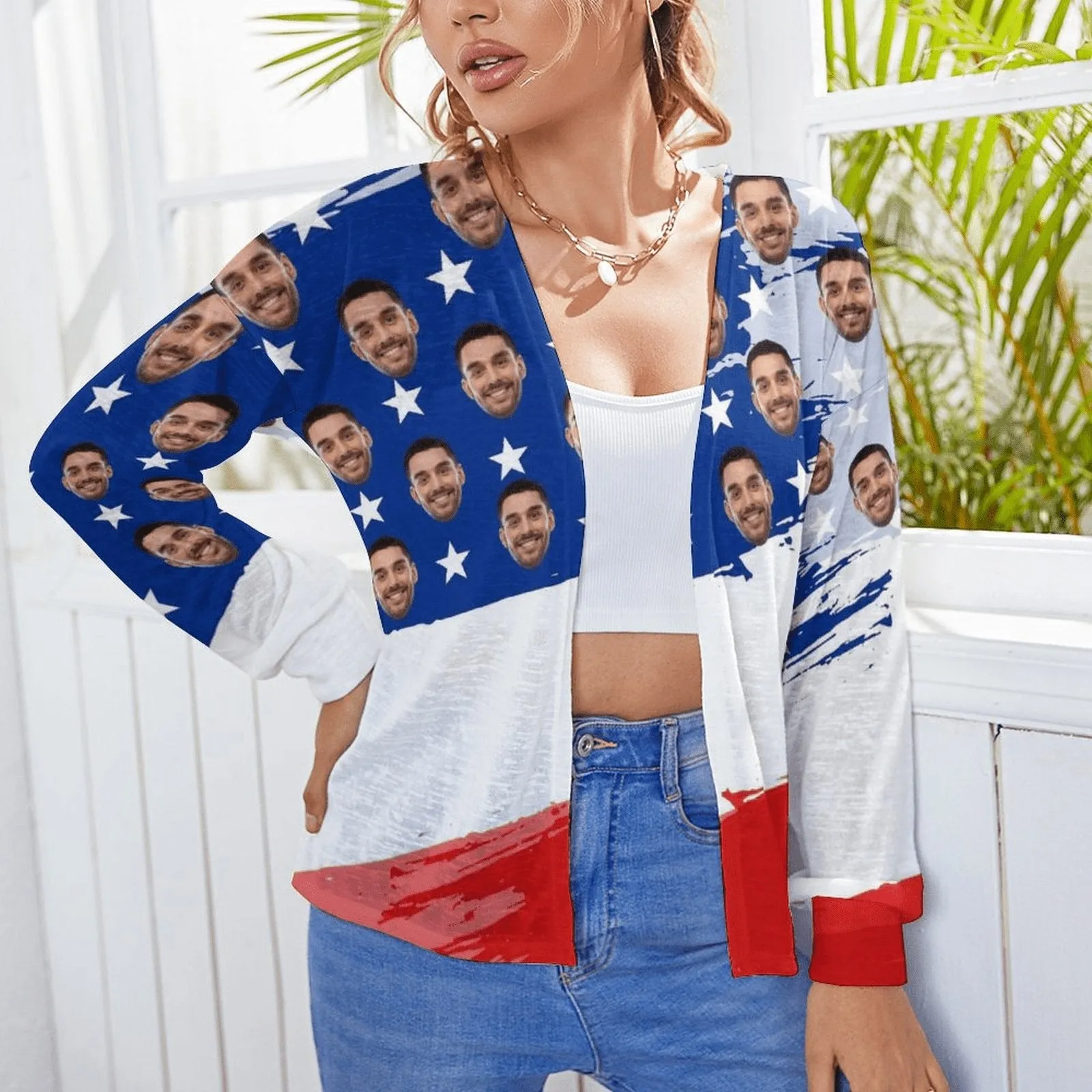 Custom Face Blouse Top Usa Flag Women's Drop Shoulder Cardigan Loose Outwear Gift for Her