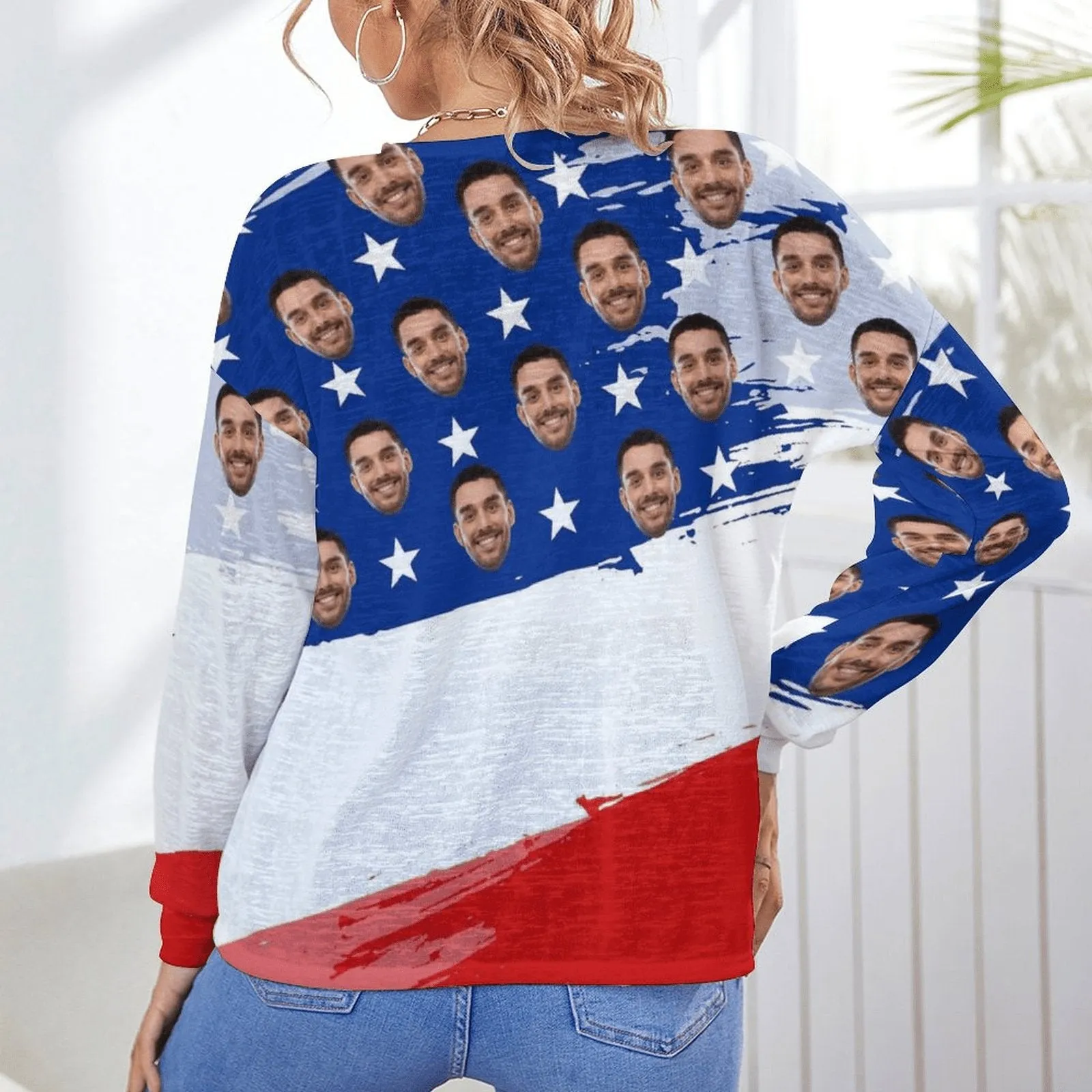 Custom Face Blouse Top Usa Flag Women's Drop Shoulder Cardigan Loose Outwear Gift for Her