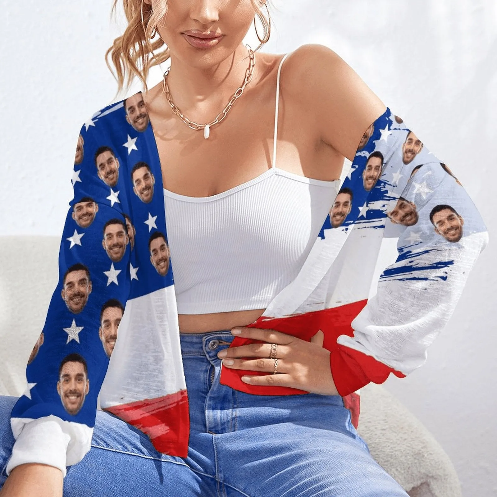 Custom Face Blouse Top Usa Flag Women's Drop Shoulder Cardigan Loose Outwear Gift for Her