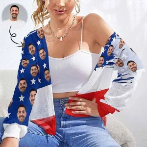 Custom Face Blouse Top Usa Flag Women's Drop Shoulder Cardigan Loose Outwear Gift for Her