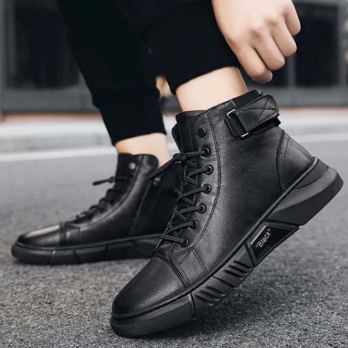 Cuzcare Men Ankle Boots Velcro Leather Walking Orthopedic Shoes