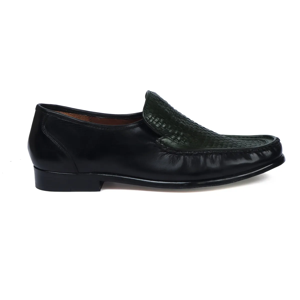 Dark Green Weaved Vamp Black Loafers in Genuine Leather with Leather Sole