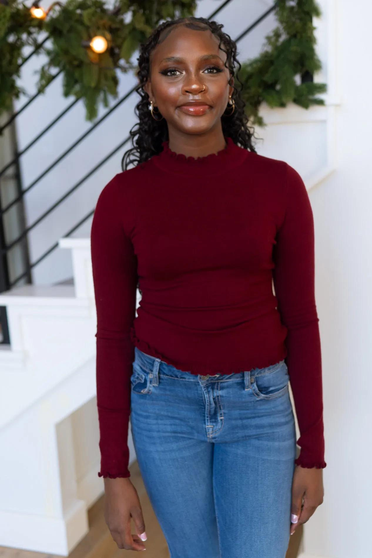 Elle Mock Neck Top - Burgundy