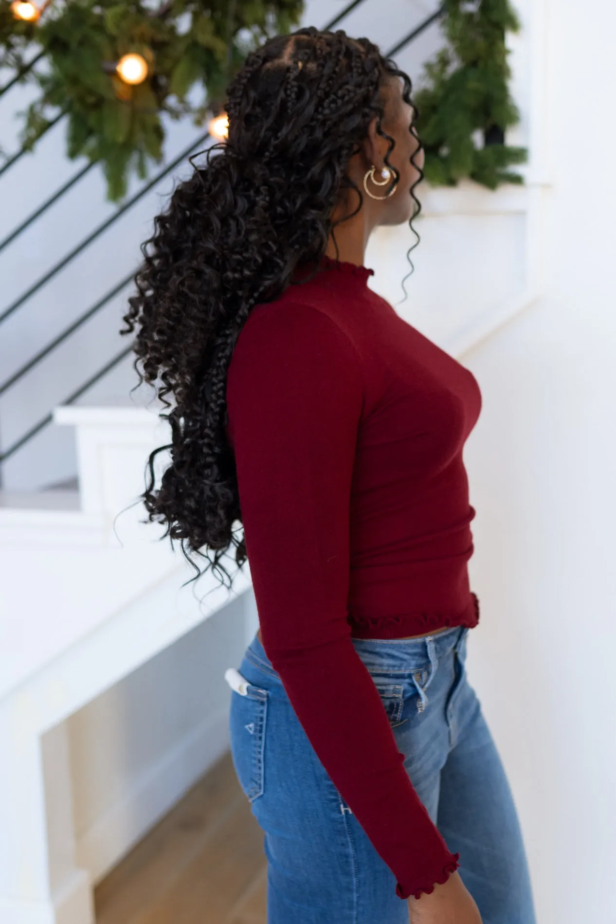 Elle Mock Neck Top - Burgundy