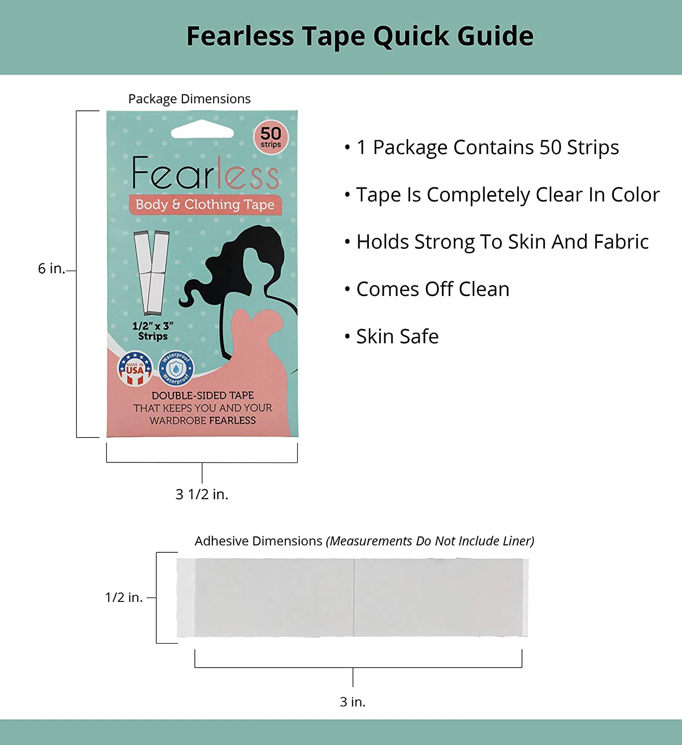 Fearless Tape - Womens Double Sided Tape for Clothing and Body, Transparent Clear Color for All Skin Shades, 50 Count.