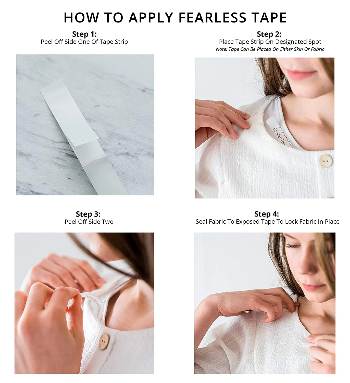 Fearless Tape - Womens Double Sided Tape for Clothing and Body, Transparent Clear Color for All Skin Shades, 50 Count.