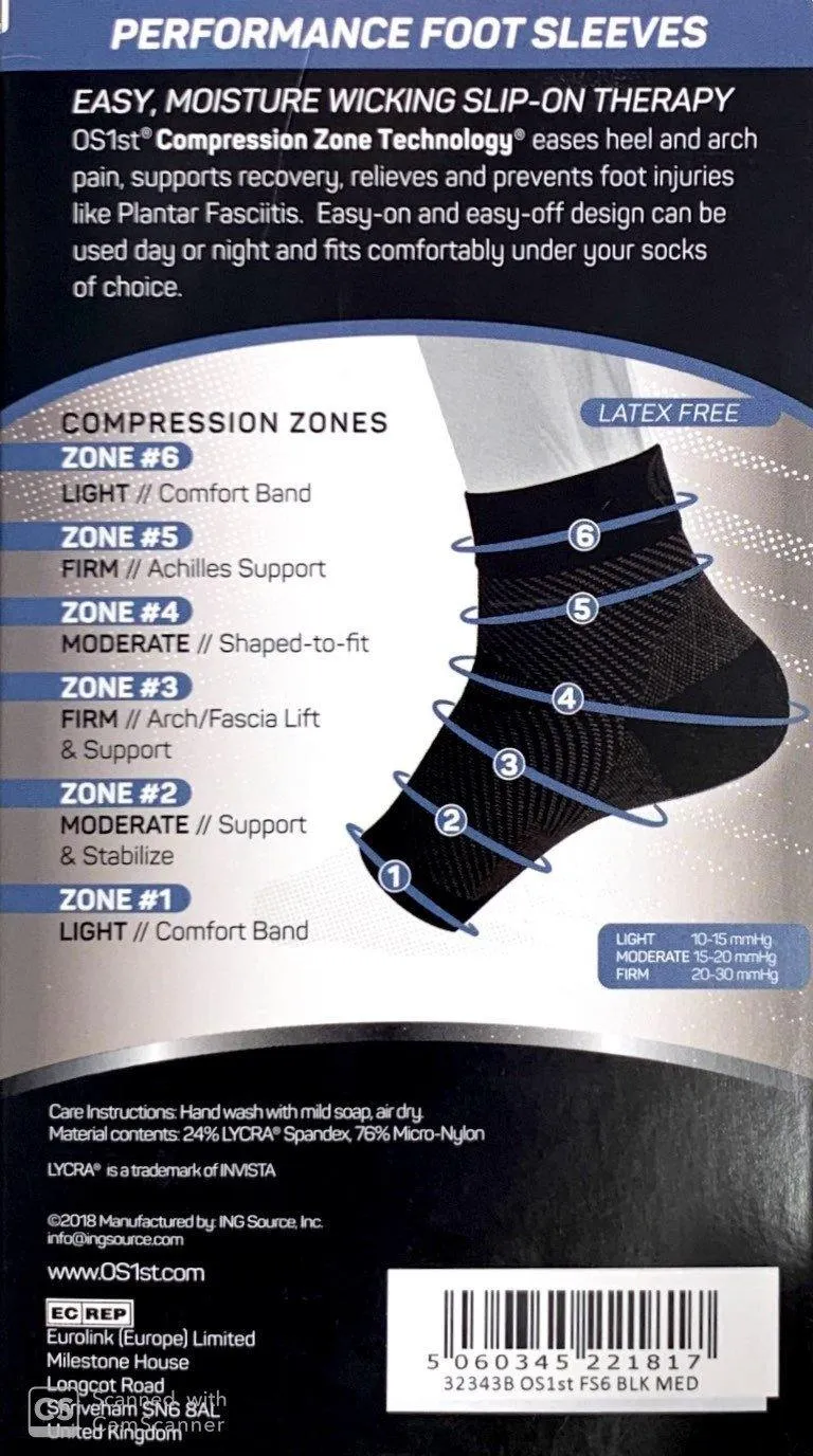 FS6 Compression Socks - Foot Sleeve One Pair (Size - S/M/L/XL) Color (Black / White)