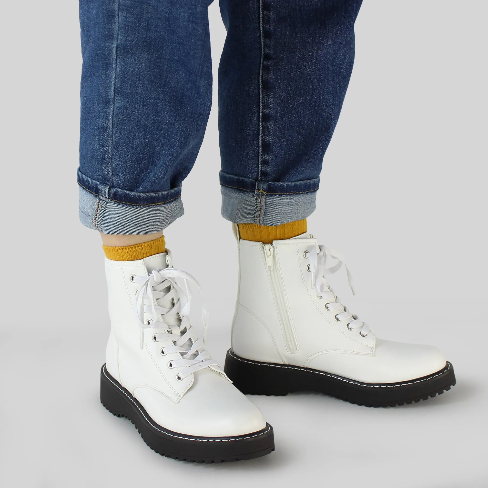 Hawkwell Women's Combat Boots Side Zipper Lace up Ankle Booties