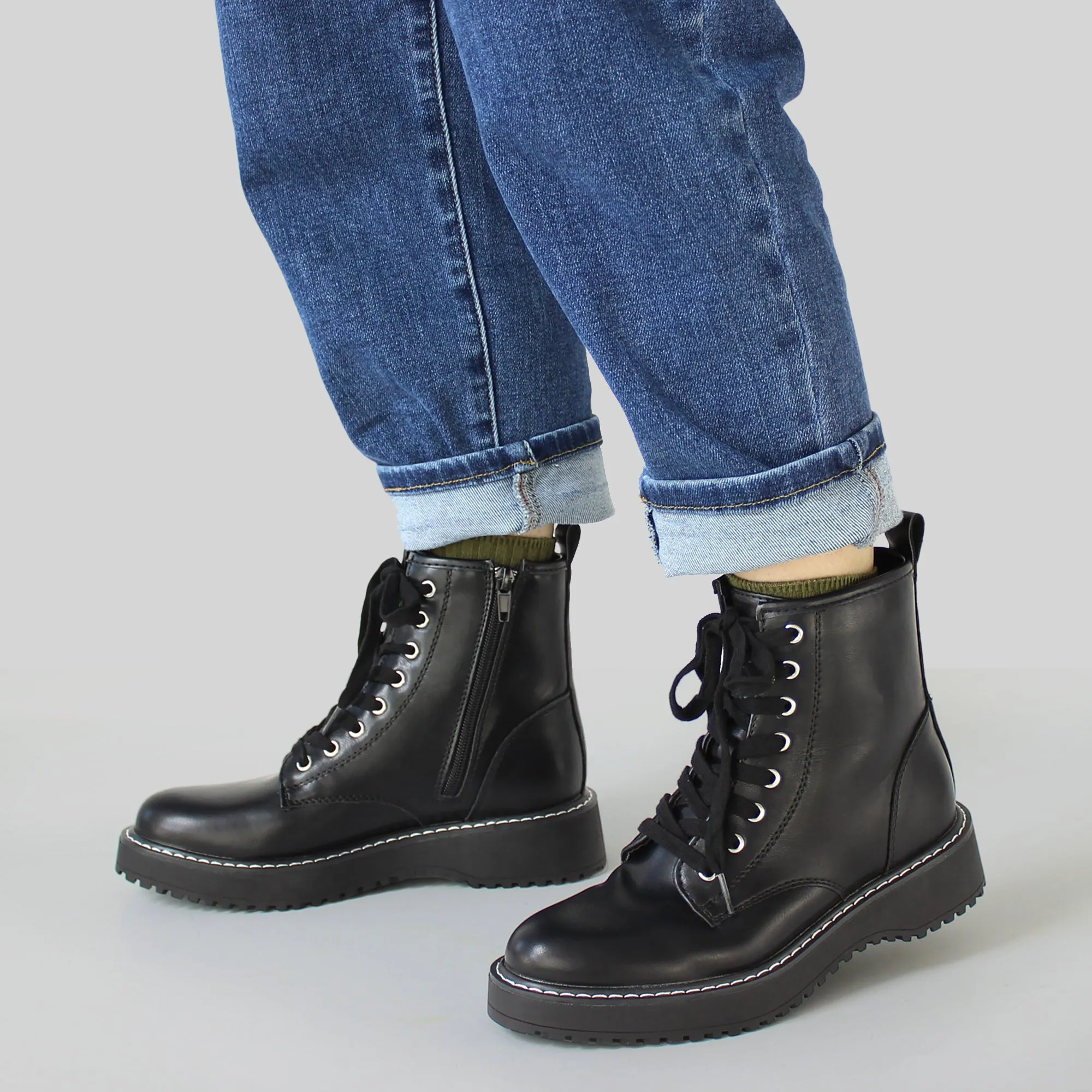 Hawkwell Women's Combat Boots Side Zipper Lace up Ankle Booties