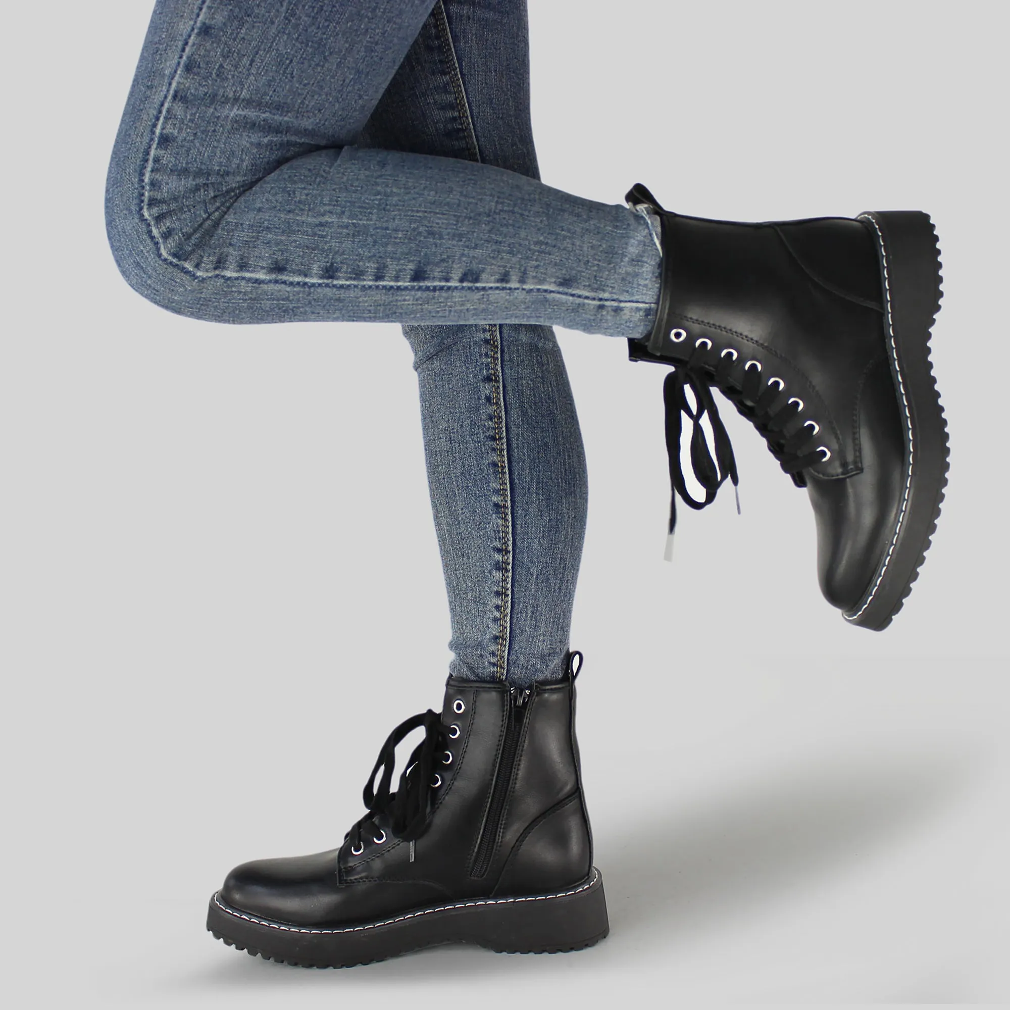 Hawkwell Women's Combat Boots Side Zipper Lace up Ankle Booties