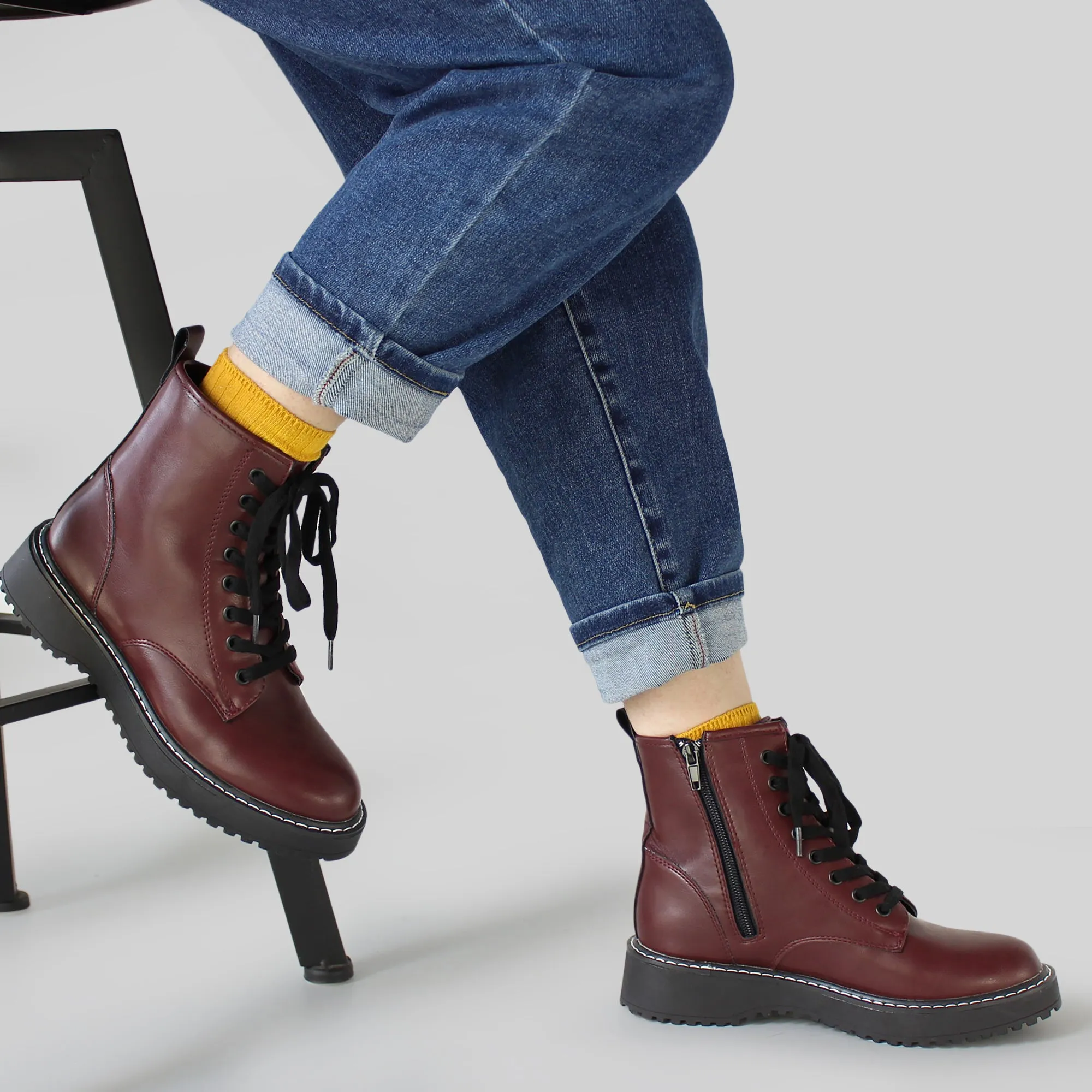 Hawkwell Women's Combat Boots Side Zipper Lace up Ankle Booties