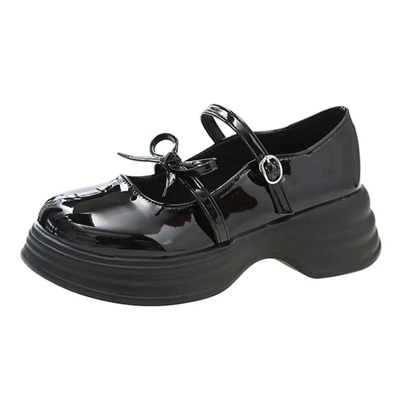 Hnzxzm Black Chunky Platform Mary Jane Shoes for Women Autumn Patent Leather Pumps Woman Thick Bottom Bowknot Lolita Shoes Ladies
