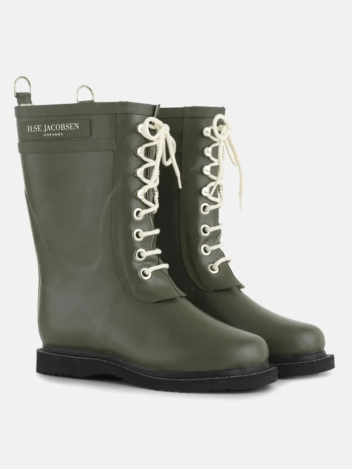 Ilse Jacobsen RUB15 Medium Length Rubber Lace Up Wellington Boots Army RUB15 41