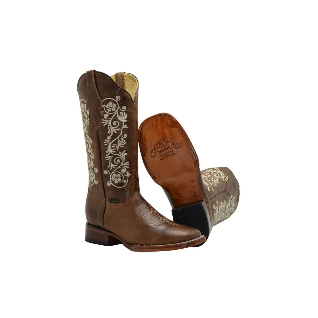 JB16-11 Brown Women Square Toe Boots Off White Flowers