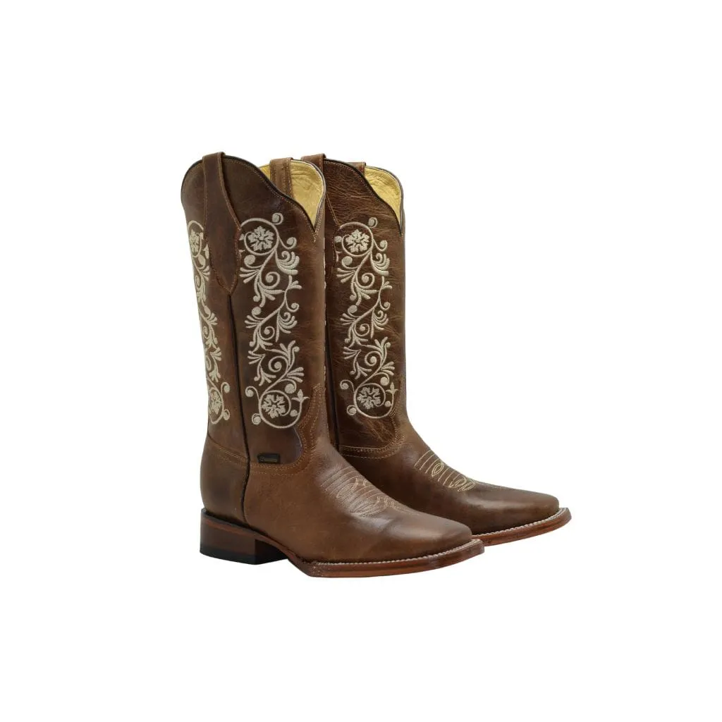 JB16-11 Brown Women Square Toe Boots Off White Flowers