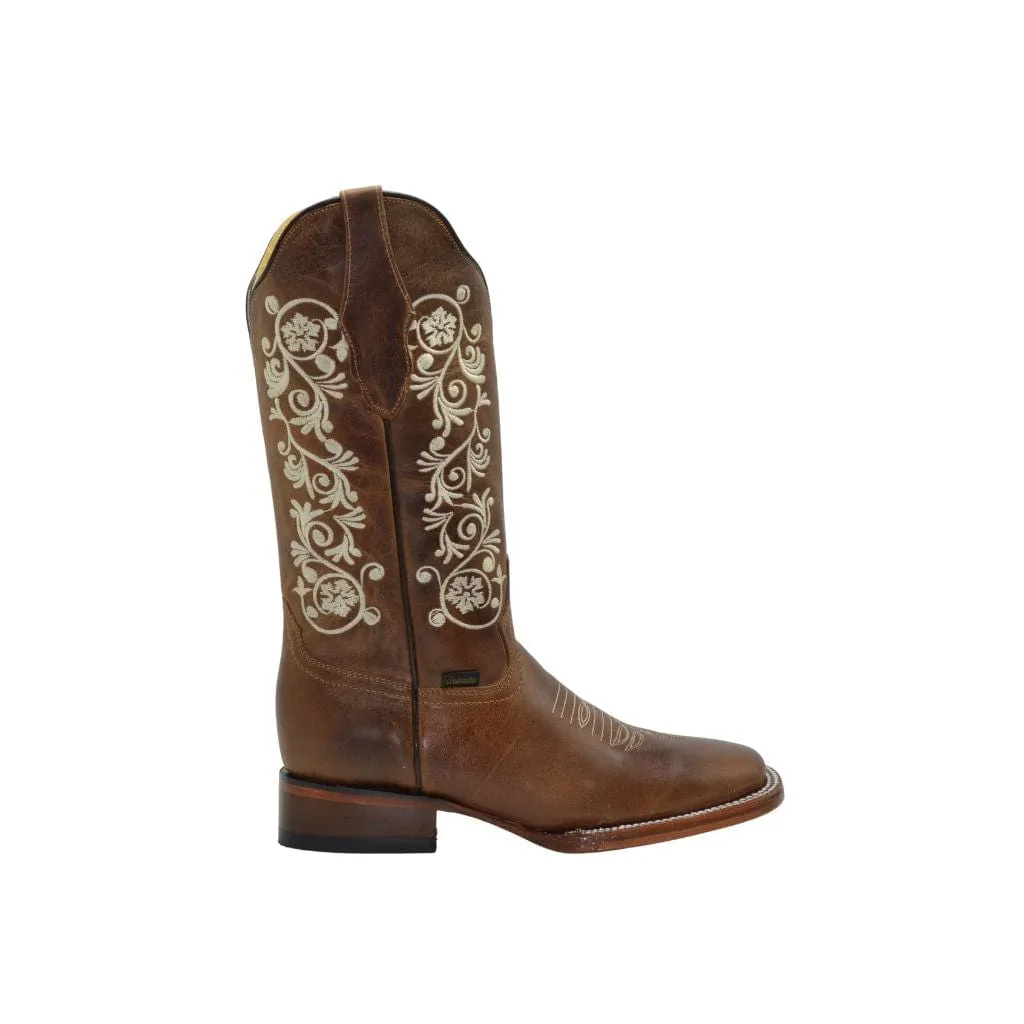 JB16-11 Brown Women Square Toe Boots Off White Flowers