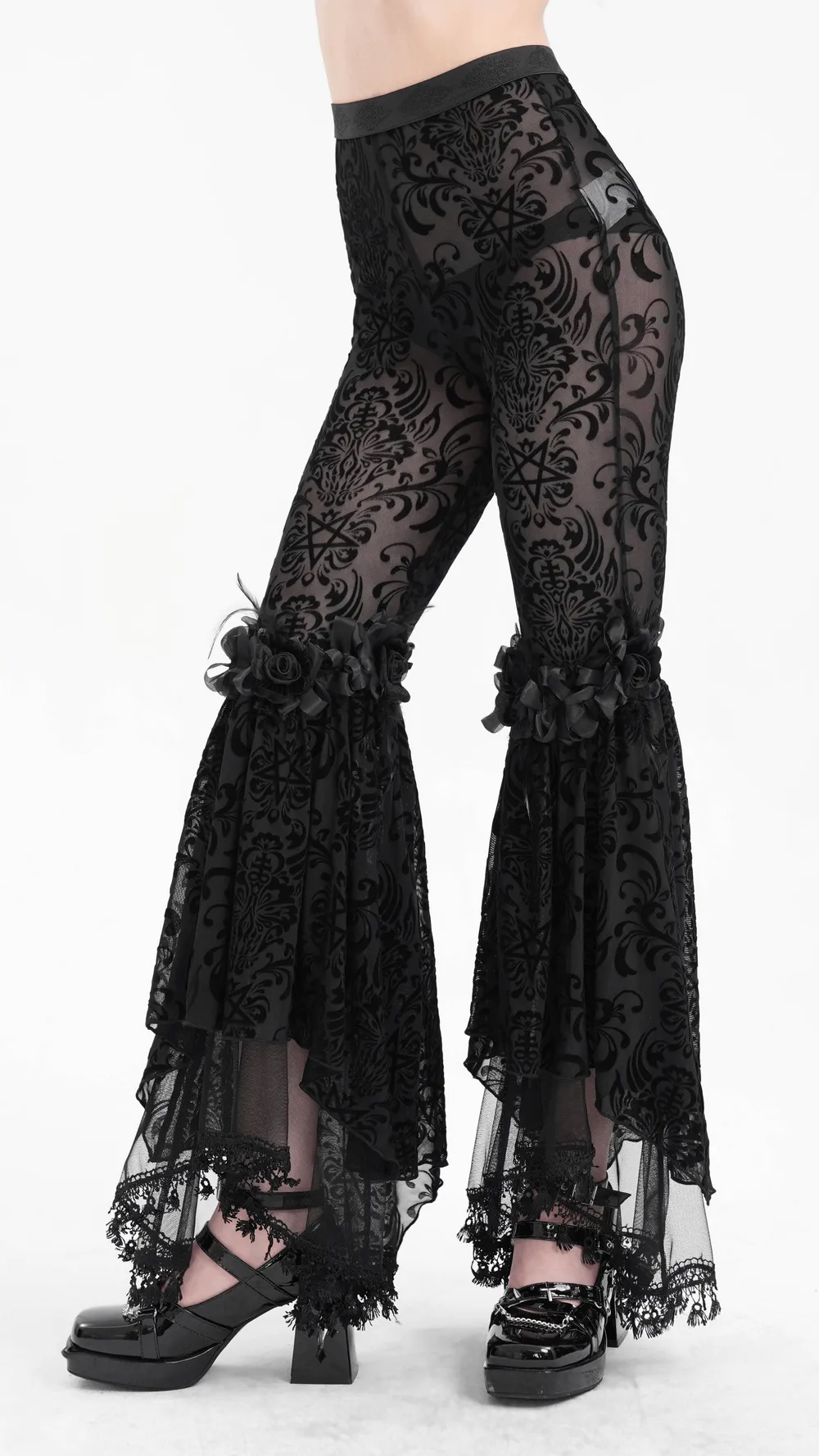 Lace Flare Pants with Velvet Pattern and Gothic Details