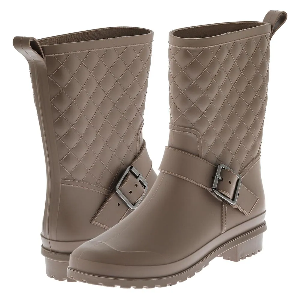 Ladies Matte Solid Taupe Quilted Mid-Calf Rain Boot