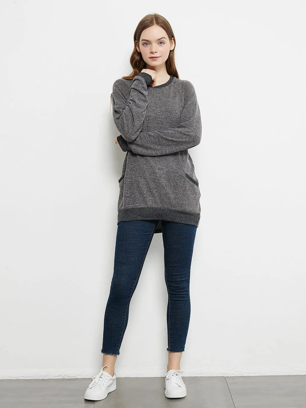 Long Sleeve Round Neck Casual T Shirts Blouses Sweatshirts Tunic Tops with Pocket