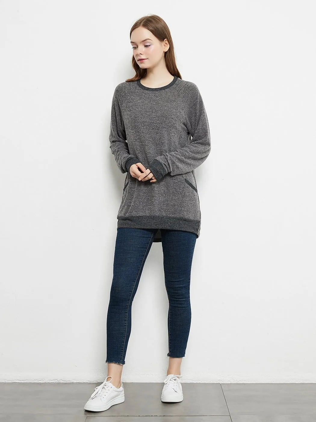 Long Sleeve Round Neck Casual T Shirts Blouses Sweatshirts Tunic Tops with Pocket