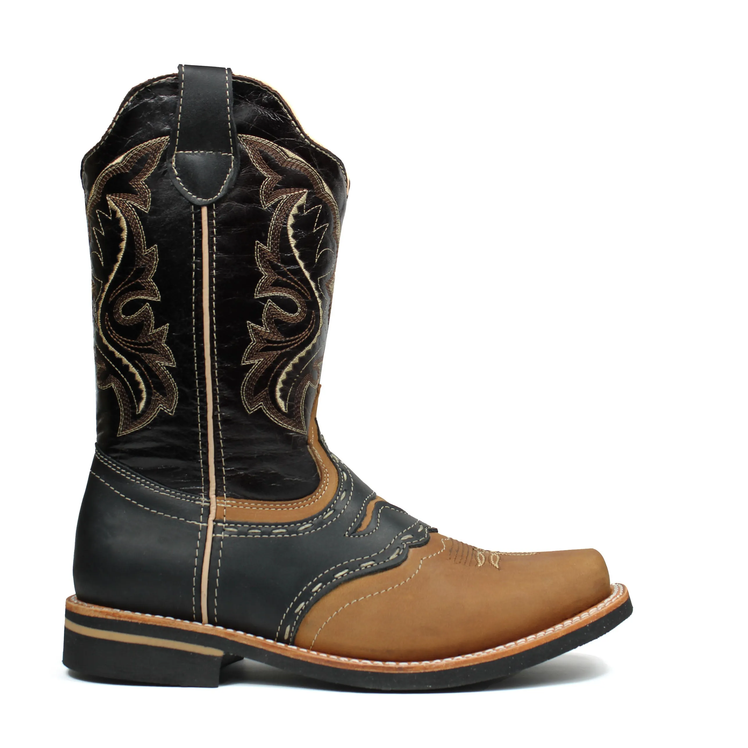 Men's Honey/Black Genuine Leather Western Cowboy Boots Rodeo Square Toe Botas Vaqueras