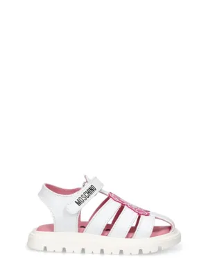 Moschino   Logo print leather sandals w/teddy patch 