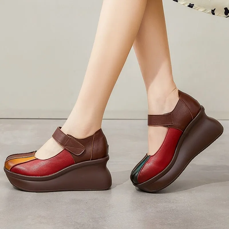 Multi-Tone Genuine Leather Platforms with Velcro Strap