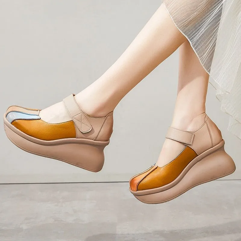 Multi-Tone Genuine Leather Platforms with Velcro Strap