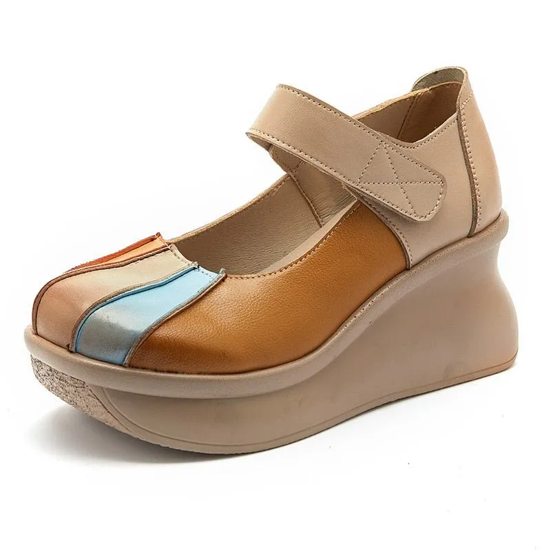 Multi-Tone Genuine Leather Platforms with Velcro Strap