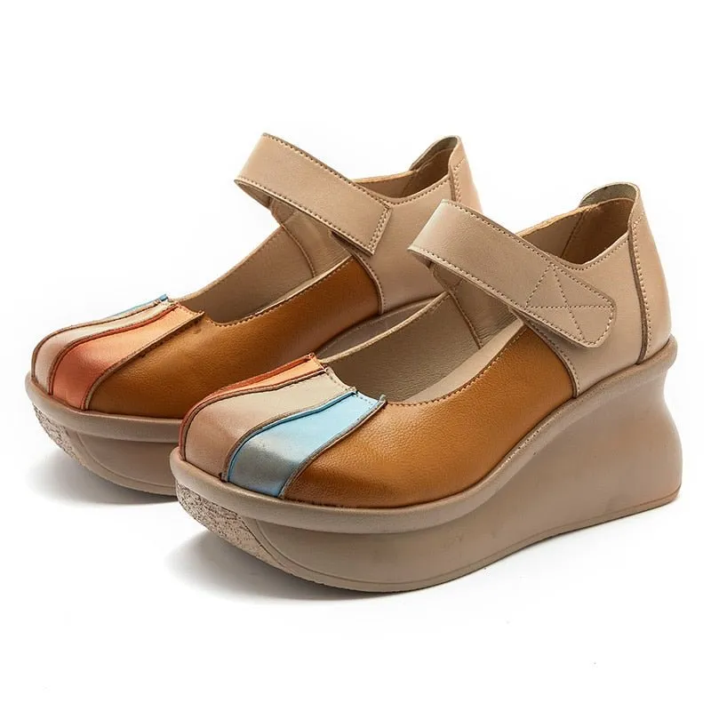 Multi-Tone Genuine Leather Platforms with Velcro Strap