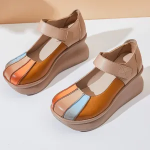 Multi-Tone Genuine Leather Platforms with Velcro Strap