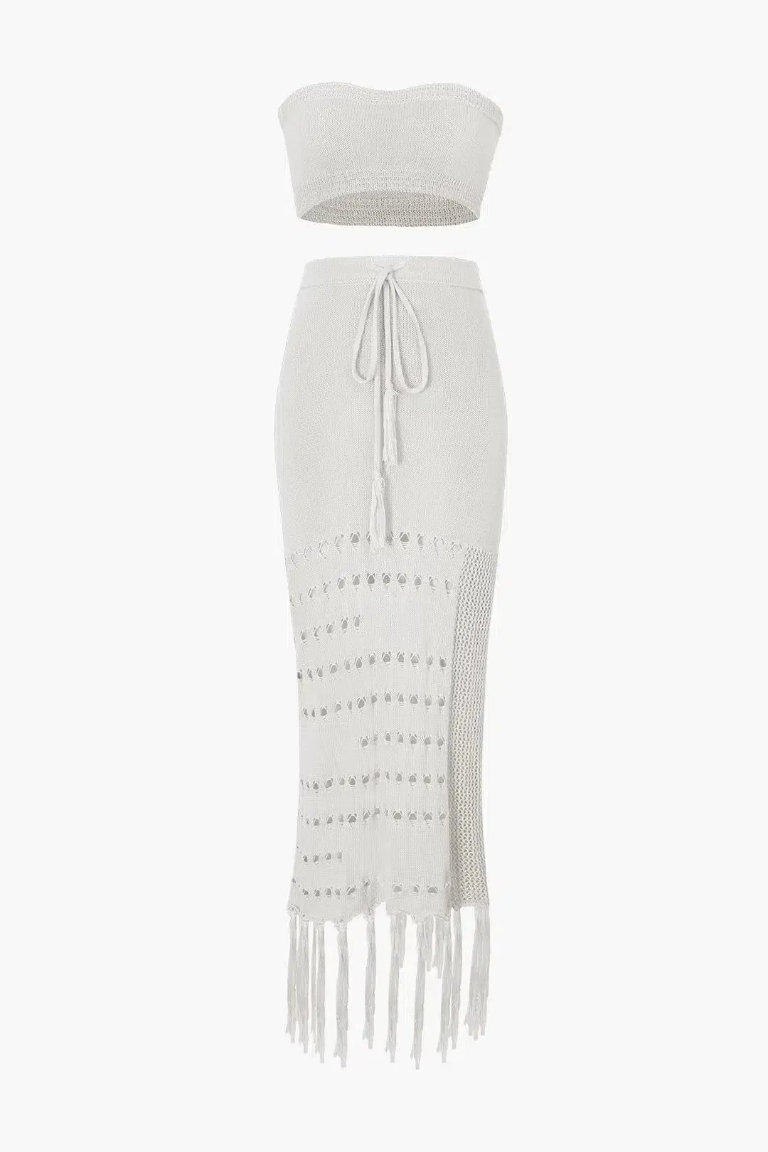 Natalia – Sheer knit – Tube top & tassel skirt set