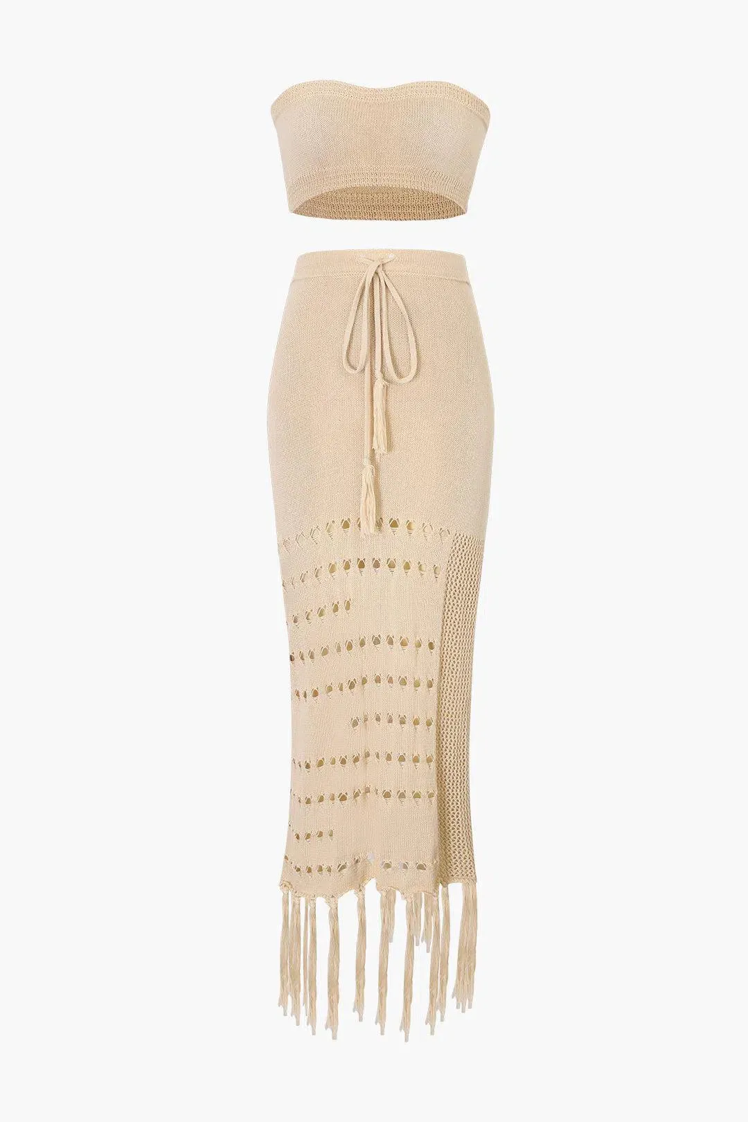 Natalia – Sheer knit – Tube top & tassel skirt set