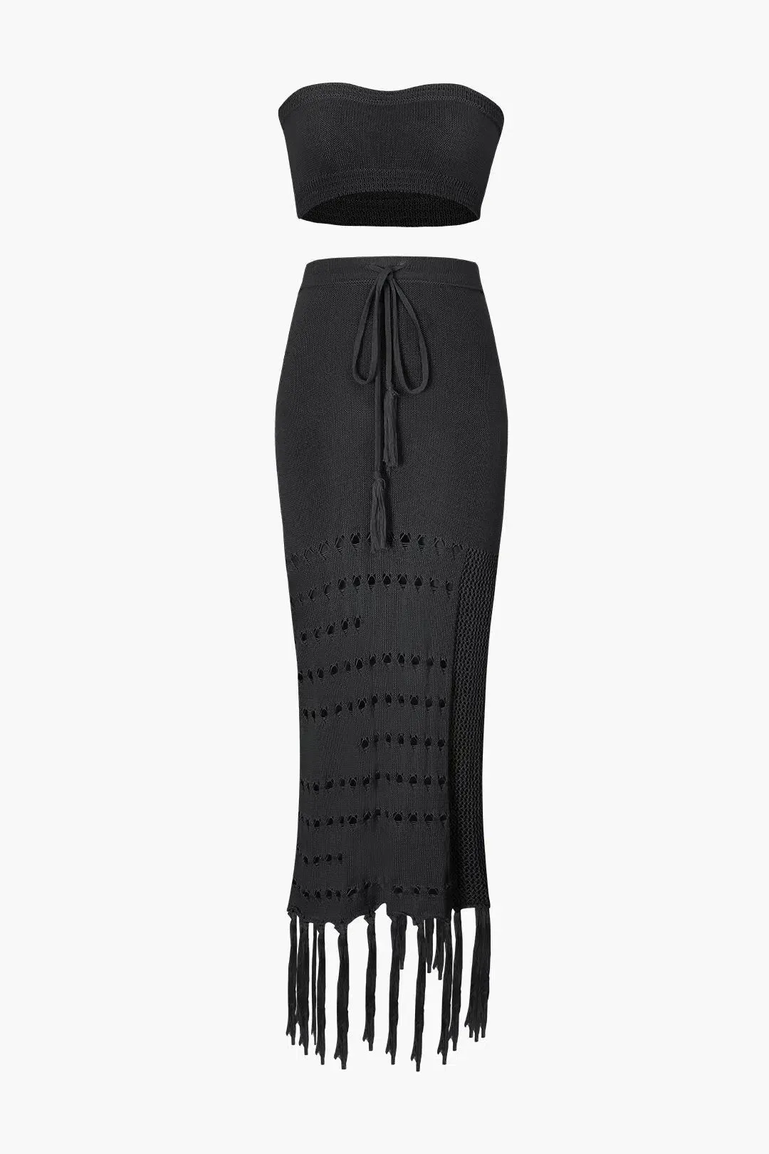 Natalia – Sheer knit – Tube top & tassel skirt set