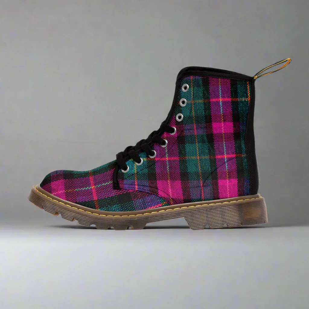 Pink Plaid Women's Canvas Boots, Pink & Green Scottish Style Plaid Print Designer Best Winter Boots For Women (US Size 6.5-11)
