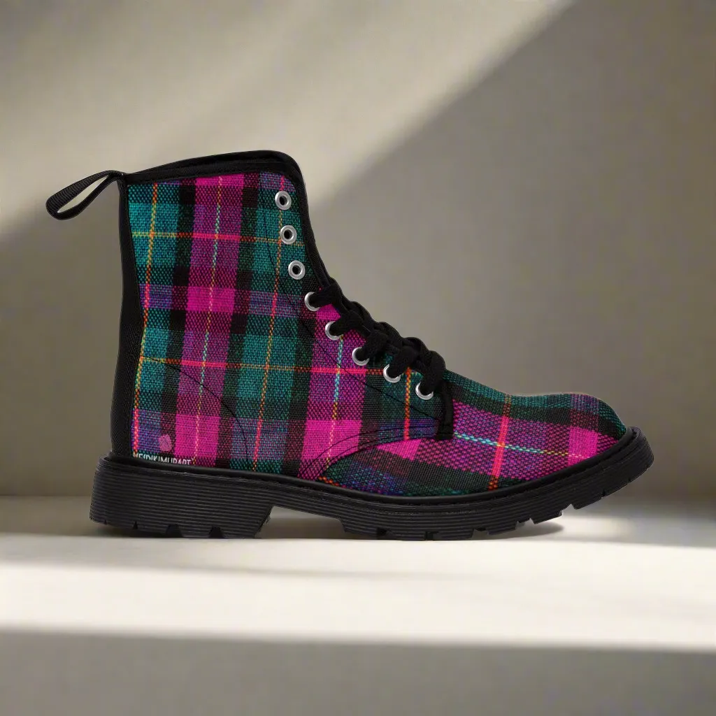 Pink Plaid Women's Canvas Boots, Pink & Green Scottish Style Plaid Print Designer Best Winter Boots For Women (US Size 6.5-11)
