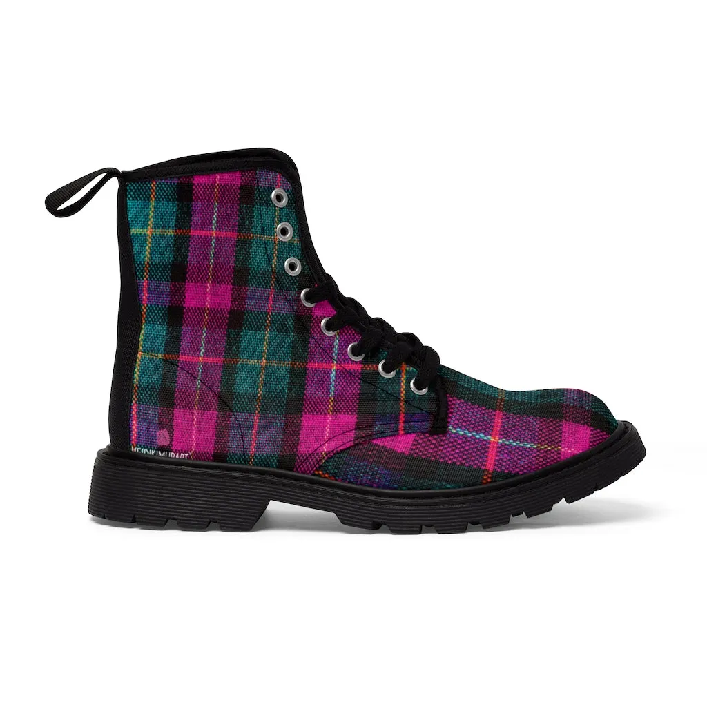 Pink Plaid Women's Canvas Boots, Pink & Green Scottish Style Plaid Print Designer Best Winter Boots For Women (US Size 6.5-11)