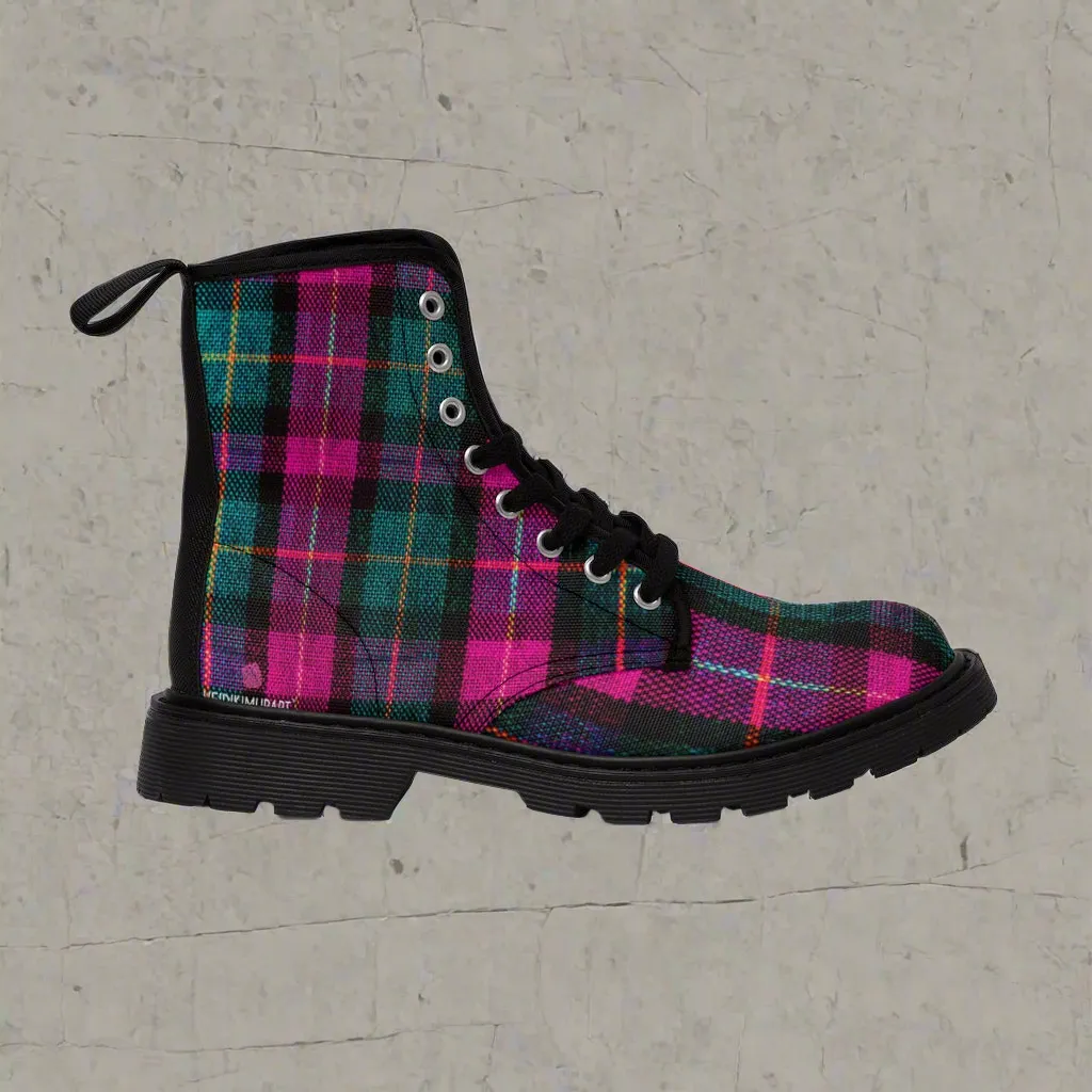 Pink Plaid Women's Canvas Boots, Pink & Green Scottish Style Plaid Print Designer Best Winter Boots For Women (US Size 6.5-11)