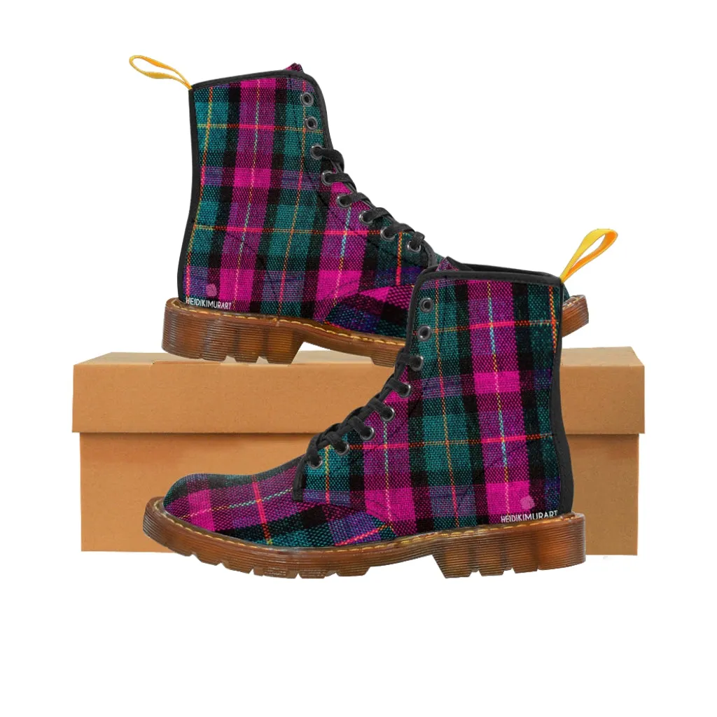 Pink Plaid Women's Canvas Boots, Pink & Green Scottish Style Plaid Print Designer Best Winter Boots For Women (US Size 6.5-11)