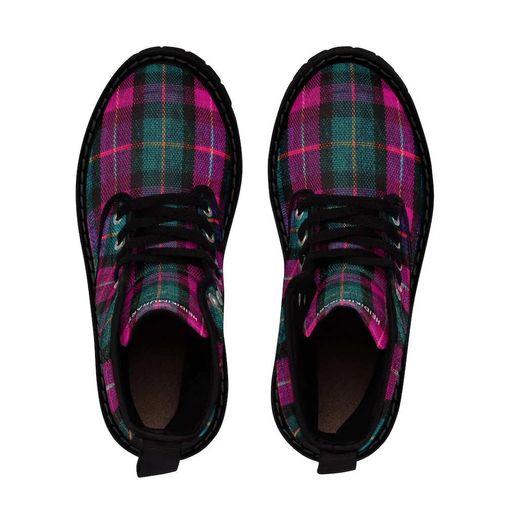 Pink Plaid Women's Canvas Boots, Pink & Green Scottish Style Plaid Print Designer Best Winter Boots For Women (US Size 6.5-11)