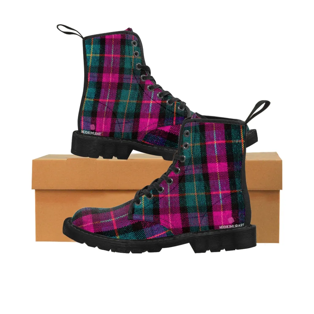 Pink Plaid Women's Canvas Boots, Pink & Green Scottish Style Plaid Print Designer Best Winter Boots For Women (US Size 6.5-11)
