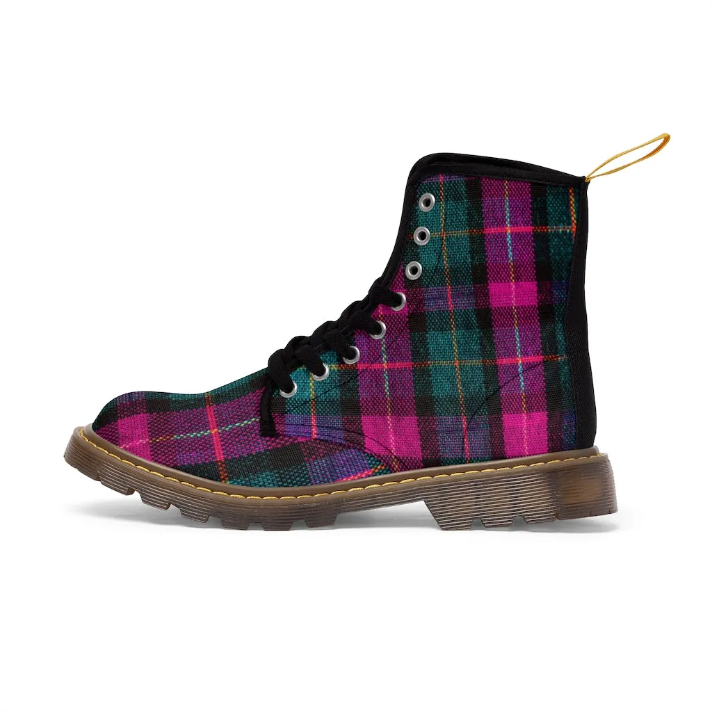 Pink Plaid Women's Canvas Boots, Pink & Green Scottish Style Plaid Print Designer Best Winter Boots For Women (US Size 6.5-11)