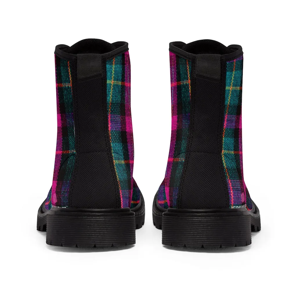 Pink Plaid Women's Canvas Boots, Pink & Green Scottish Style Plaid Print Designer Best Winter Boots For Women (US Size 6.5-11)