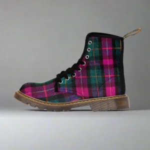 Pink Plaid Women's Canvas Boots, Pink & Green Scottish Style Plaid Print Designer Best Winter Boots For Women (US Size 6.5-11)