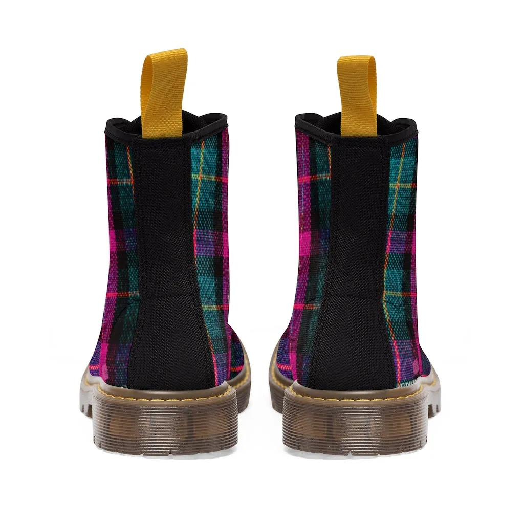 Pink Plaid Women's Canvas Boots, Pink & Green Scottish Style Plaid Print Designer Best Winter Boots For Women (US Size 6.5-11)