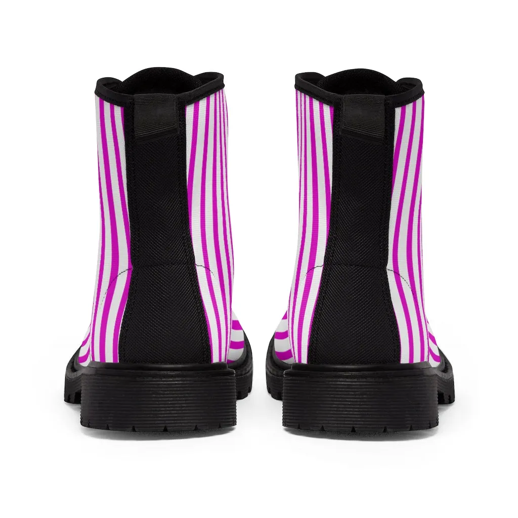 Pink Striped Women's Canvas Boots, Best Hot Pink White Stripes Winter Boots For Ladies