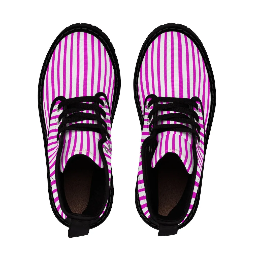 Pink Striped Women's Canvas Boots, Best Hot Pink White Stripes Winter Boots For Ladies
