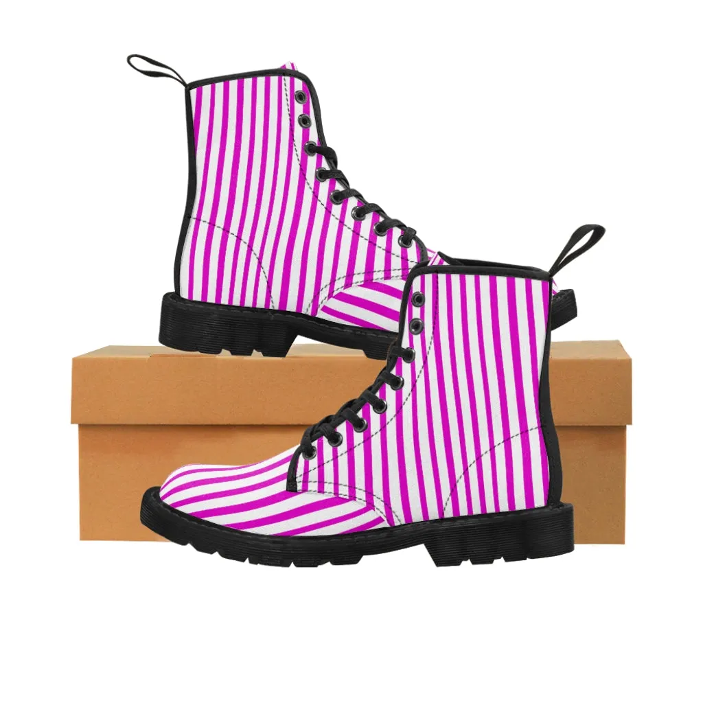 Pink Striped Women's Canvas Boots, Best Hot Pink White Stripes Winter Boots For Ladies