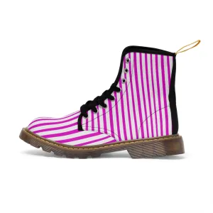 Pink Striped Women's Canvas Boots, Best Hot Pink White Stripes Winter Boots For Ladies